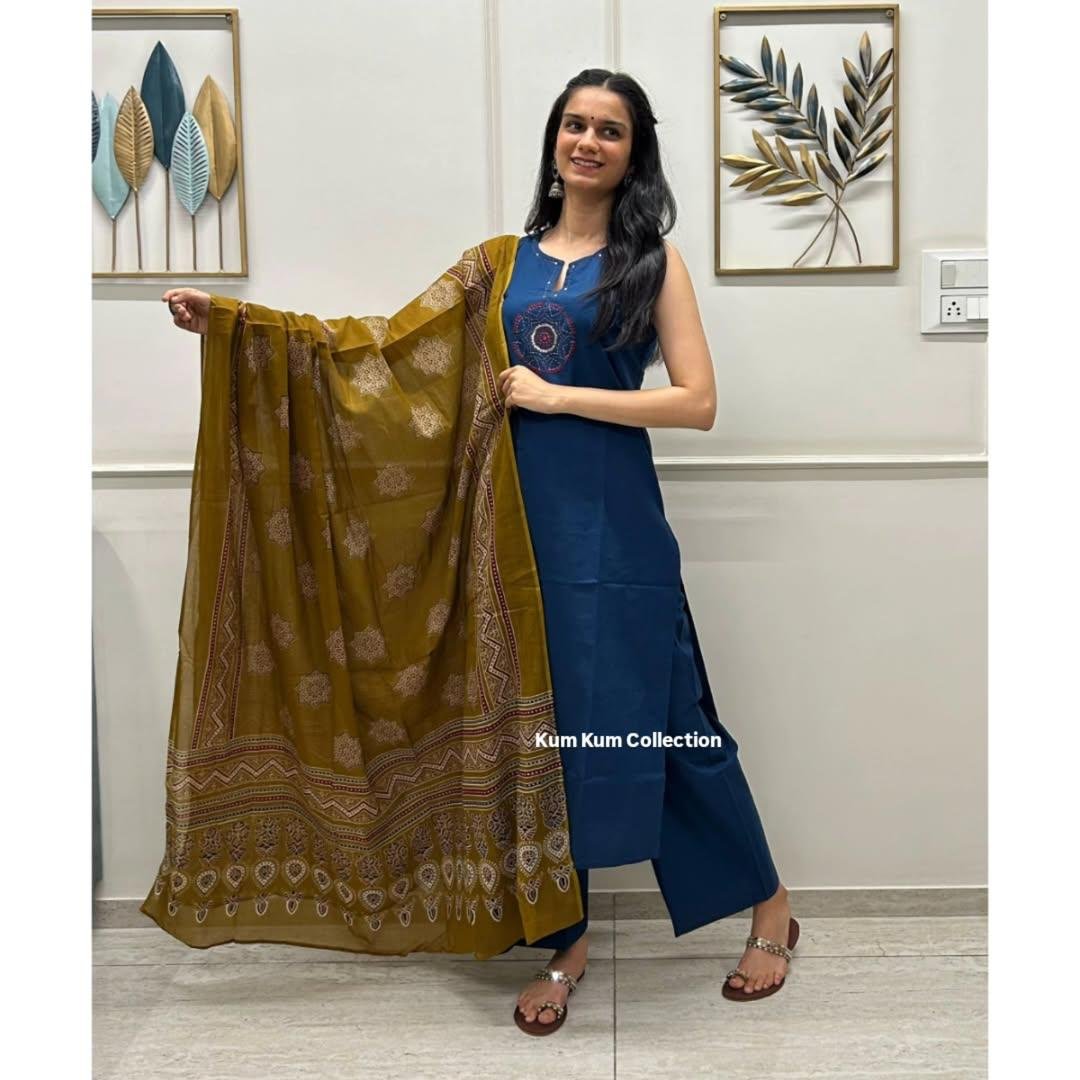 Handloom A-Line Kurti Set with Mulmul Dupatta